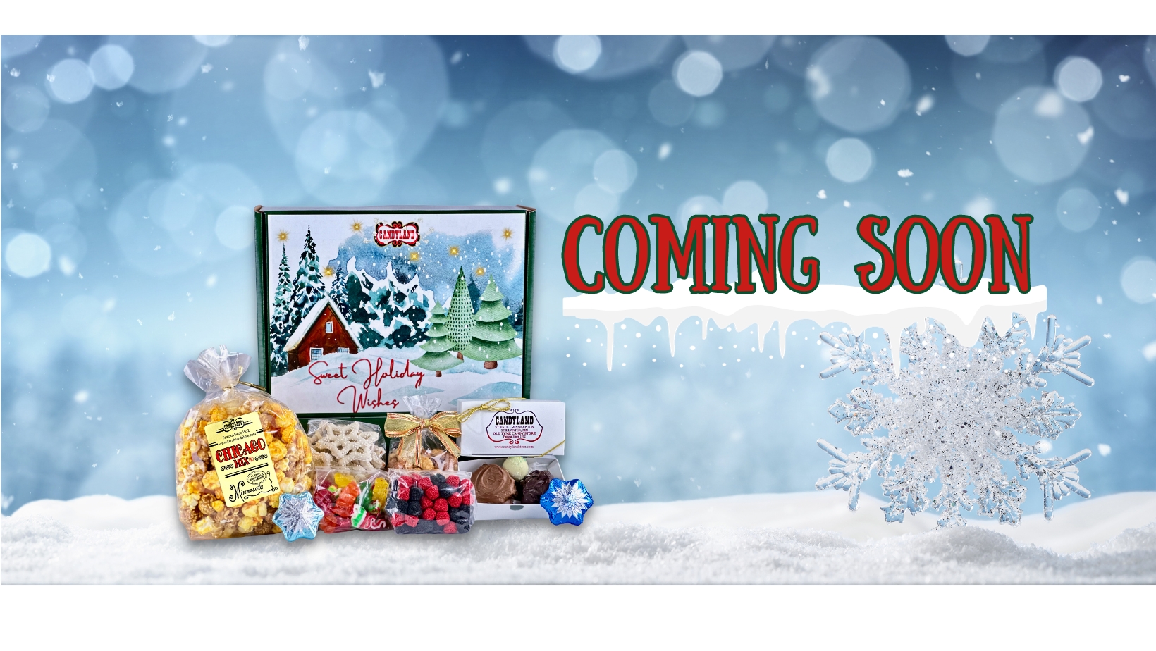 Box includes Chicago Mix® Choice of Nuts (Honey Roasted Mixed Nuts or Imperial Mixed) Snowflake Pretzels Gourmet Chocolate Box (Pecan Turtle Butter Toffee Bar Dark Chocolate Almond Cluster Whit